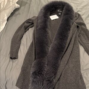 Bloomingdales gray natural fox fur trimmed never worn cardigan